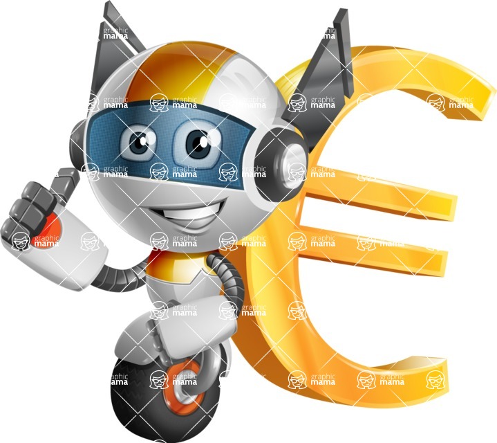 Cute robot cartoon character - 112 stock vector images - Cute robot cartoon character holding euro currency - stock vector graphic image